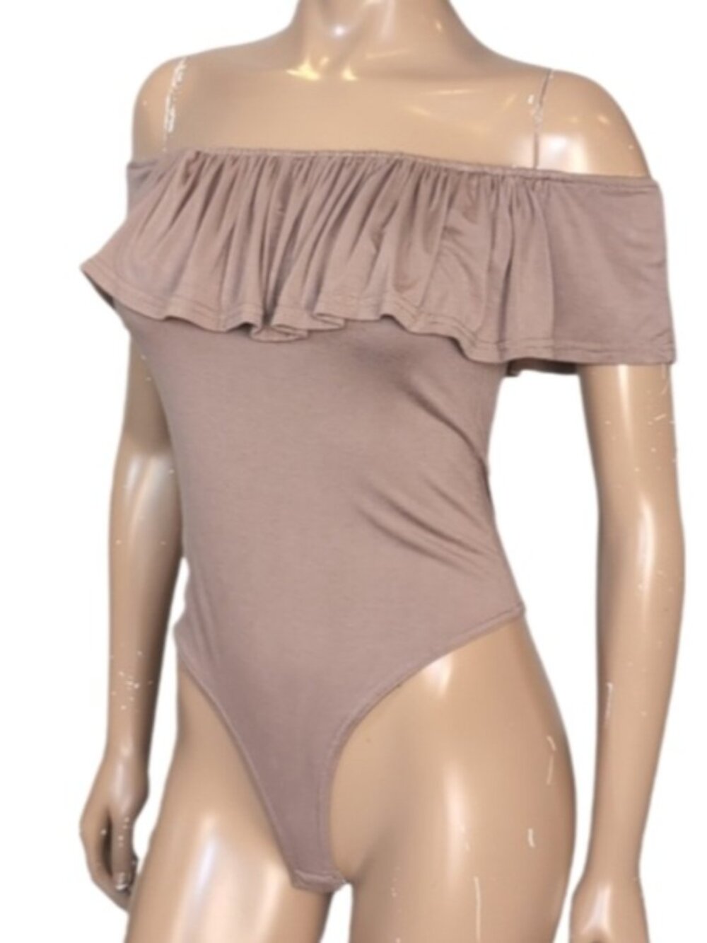 Chelsea Off Shoulder Ruffle Bodysuit Taupe Tan Short Sleeve Thong Barbot Top